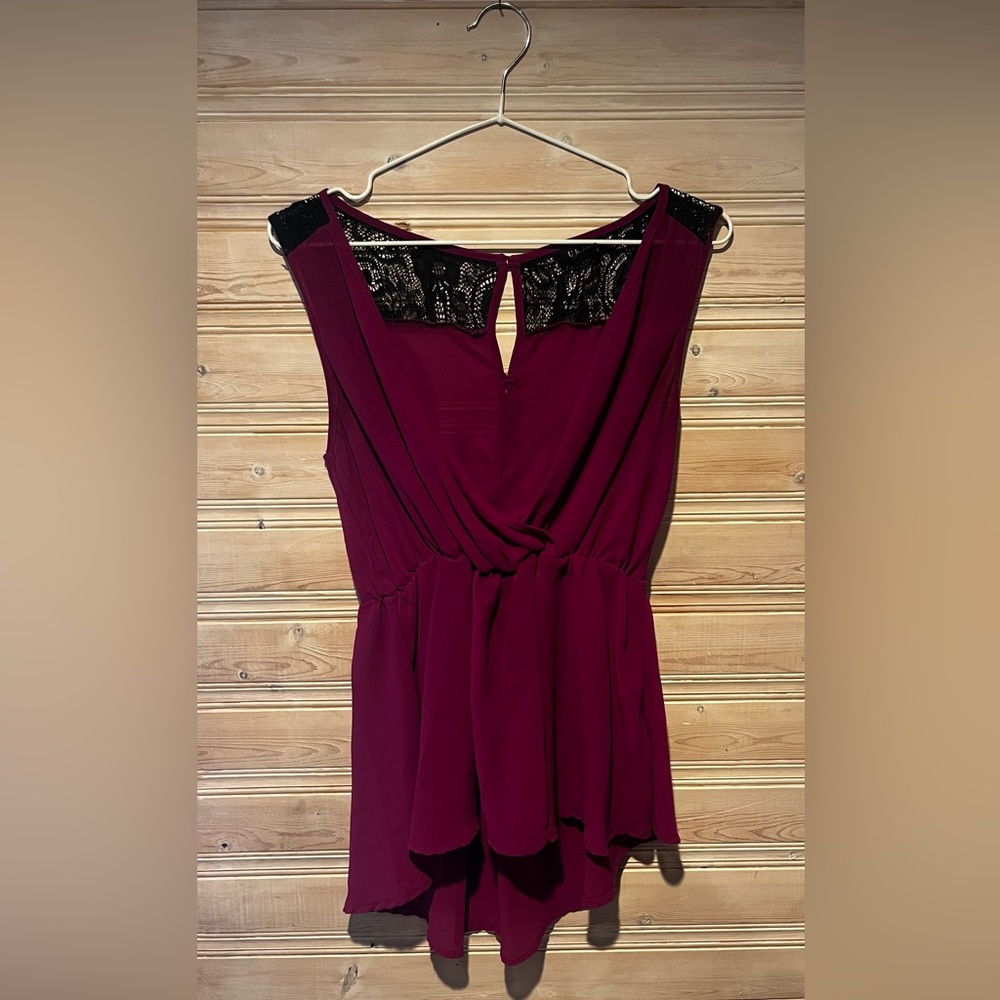 Tank Top - Dressy - Burgundy with Black Lace and Button back detail - Size M